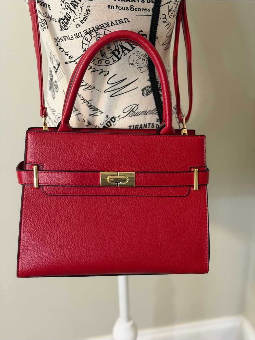 Red Structured Top-Handle Tote with Scarf Accent & Crossbody Strap